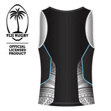 Fiji Rugby Train Singlet black with mesh panel and tribal design, moisture-wicking spandex technology
