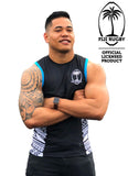 Man wearing Fiji Rugby Train Singlet with mesh panels and spandex technology, official licensed product.
